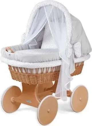 Proutěný Mojžíšův koš pro miminko s matrací a doplňky Barva: Přírodní košík, šedobílá výbavička
