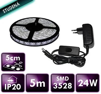 ECOLIGHT LED pásek - SMD 2835 5m 24W IP20 studená bílá komplet + zdroj s vypínačem