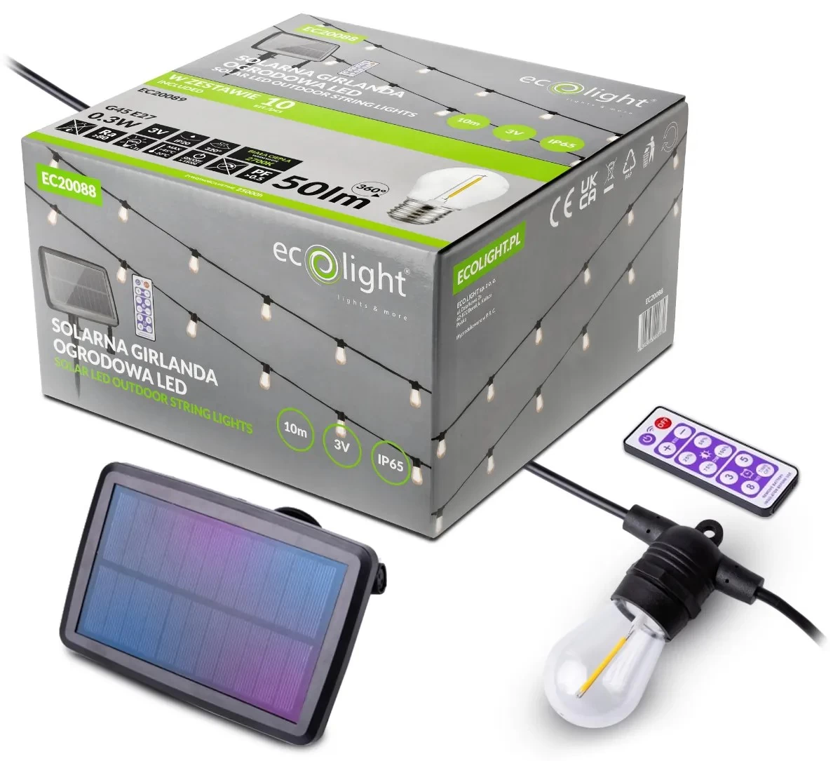 ECOLIGHT Solární zahradní girlanda LED 10 m + 10x žárovka