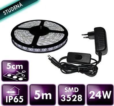 ECOLIGHT LED pásek - SMD 2835 5m IP65 24W studená bílá komplet + zdroj s vypínačem