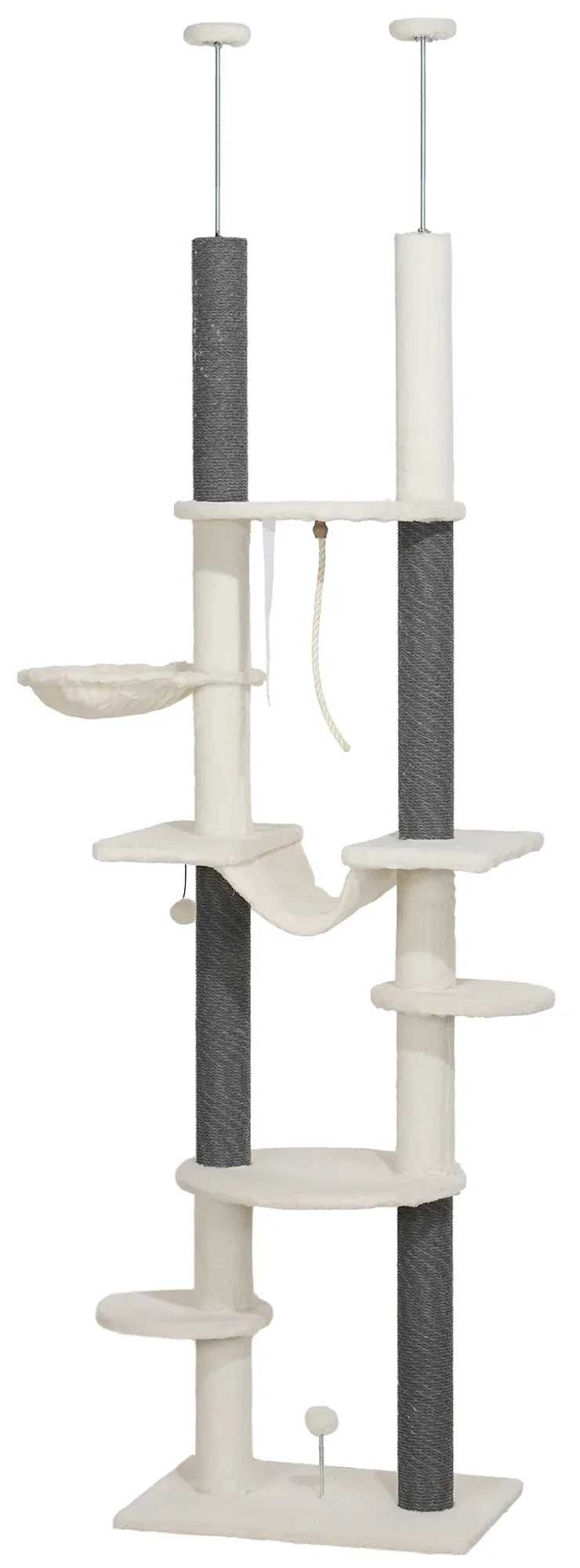 PawHut škrabadlo stropní vysoké, strom pro kočky, 225-255 cm škrabadlo pro kočky s houpacími sítěmi, škrabadla, košík, hrací míč, nábytek pro kočky s…