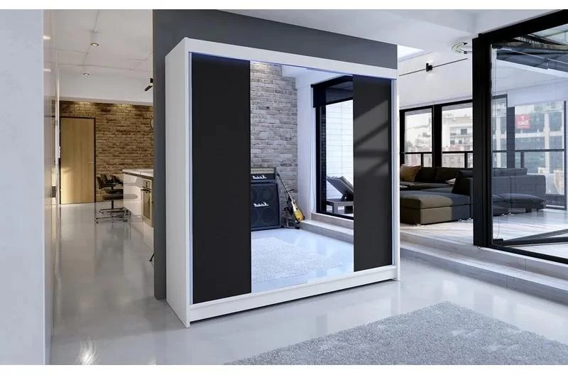 Šatní skříň Bar II, Barva: bílá + černá + zrcadlo, Osvětlení: osvětlení LED RGB - barevné