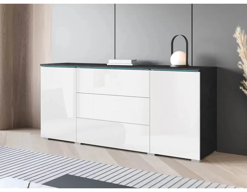 Komoda do pokoje Sawoti 150, Barva: matera / bílý lesk, Osvětlení: osvětlení LED RGB - barevné